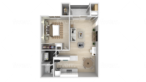 Floor plan for 1 bed, 1 bath, 687 sqft